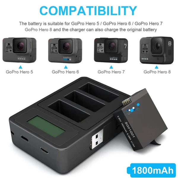 1800mAh GoPro Battery For GoPro 5 6 7 8 and USB Digital display Charger Compatible GoPro Hero 8 7 6 5 Gopro camera - Image 2