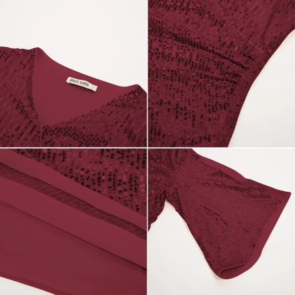 GK Woman T-Shirts Sequined Party Tops 3/4 Poncho Slit Sleeve Elegant V-Neck Ruched Tops Loose Harajuku Tops - Image 2