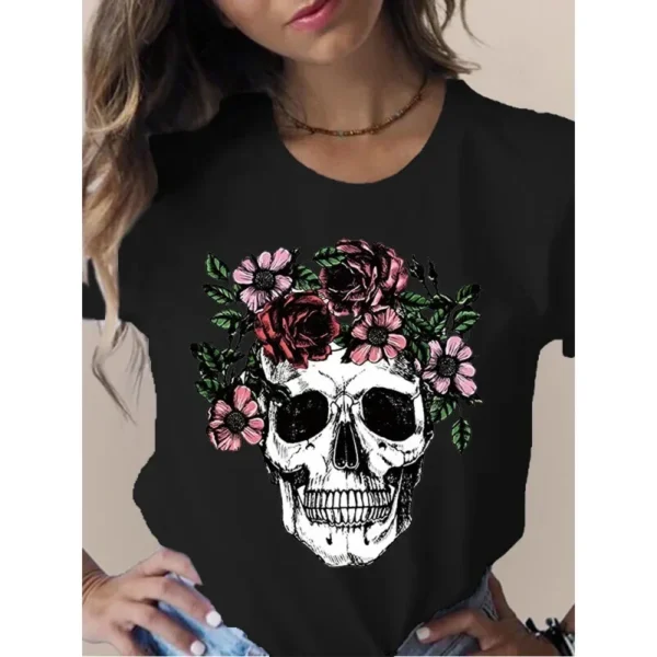 Female T Shirt Skull Head Butterfly Flower Print Short Sleeve O Neck Loose Women Tshirt Ladies Tee Shirt Tops Camisetas Muje - Image 6