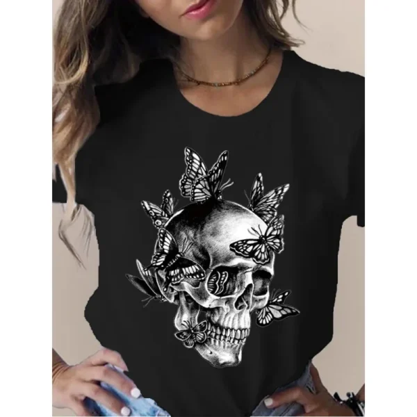 Female T Shirt Skull Head Butterfly Flower Print Short Sleeve O Neck Loose Women Tshirt Ladies Tee Shirt Tops Camisetas Muje - Image 2