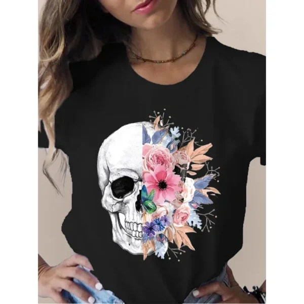Female T Shirt Skull Head Butterfly Flower Print Short Sleeve O Neck Loose Women Tshirt Ladies Tee Shirt Tops Camisetas Muje - Image 5