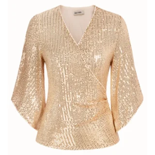 GK Woman T-Shirts Sequined Party Tops 3/4 Poncho Slit Sleeve Elegant V-Neck Ruched Tops Loose Harajuku Tops