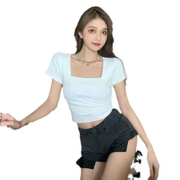 Short Sleeved T-Shirt Women's Summer New Design, Square Neck Tight Fitting Top - Image 2