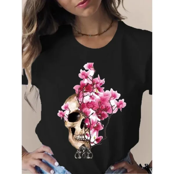 Female T Shirt Skull Head Butterfly Flower Print Short Sleeve O Neck Loose Women Tshirt Ladies Tee Shirt Tops Camisetas Muje - Image 3
