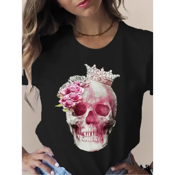 Female T Shirt Skull Head Butterfly Flower Print Short Sleeve O Neck Loose Women Tshirt Ladies Tee Shirt Tops Camisetas Muje - Image 4
